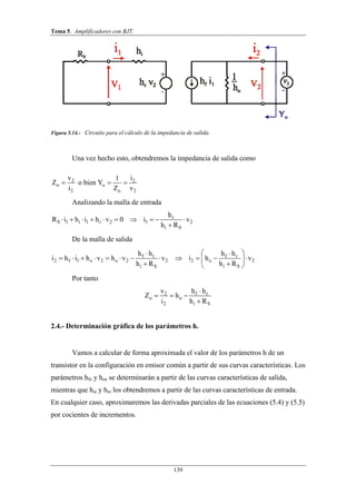 Tema 5. Amplificadores con BJT.
139
Figura 5.14.- Circuito para el cálculo de la impedancia de salida.
Una vez hecho esto, obtendremos la impedancia de salida como
2 2
o o
2 o 2
v i1
Z o bien Y
i Z v
  
Analizando la malla de entrada
r
S 1 i 1 r 2 1 2
i S
h
R i h i h v 0 i v
h R
         

De la malla de salida
f r f r
2 f 1 o 2 o 2 2 2 o 2
i S i S
h h h h
i h i h v h v v i h v
h R h R
  
            
  
Por tanto
2 f r
o o
2 i S
v h h
Z h
i h R

  

2.4.- Determinación gráfica de los parámetros h.
Vamos a calcular de forma aproximada el valor de los parámetros h de un
transistor en la configuración en emisor común a partir de sus curvas características. Los
parámetros hfe y hoe se determinarán a partir de las curvas características de salida,
mientras que hie y hre los obtendremos a partir de las curvas características de entrada.
En cualquier caso, aproximaremos las derivadas parciales de las ecuaciones (5.4) y (5.5)
por cocientes de incrementos.
 