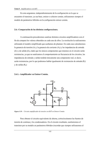 Tema 5. Amplificadores con BJT.
143
En esta asignatura, independientemente de la configuración en la que se
encuentre el transistor, ya sea base, emisor o colector común, utilizaremos siempre el
modelo de parámetros híbridos en la configuración emisor común.
2.6.- Comparación de las distintas configuraciones.
A continuación procederemos analizar distintos circuitos amplificadores con el
fin de compara los valores obtenidos en cada uno de ellos. La resolución la realizaremos
utilizando el modelo simplificado que acabamos de plantear. En cada caso calcularemos
la ganancia de tensión (AV), la ganancia de corriente (AI) y las impedancias de entrada
(Zi) y de salida (Zo), dado que los únicos componentes que tenemos en el circuito serán
resistencias, ya que no analizamos el comportamiento en frecuencia de los circuitos, las
impedancias de entrada y salida tendrán únicamente una componente real, es decir,
serán resistencias, por lo que podremos hablar igualmente de resistencias de entrada (Ri)
y de salida (Ro)
2.6.1.- Amplificador en Emisor Común.
Figura 5.19.- Circuito amplificador de tensión con BJT en Emisor Común.
Para obtener el circuito equivalente de alterna, cortocircuitamos las fuentes de
tensión de continua y los condensadores. En el circuito resultante, sustituiremos el
transistor por su modelo en parámetros híbridos (recordar que siempre utilizaremos el
 