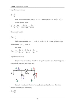 Tema 5. Amplificadores con BJT.
151
Impedancia de entrada
1
i
1
v
Z
i

En la malla de entrada 1 eb ie bv v h i    y la corriente  1 e fe bi i h 1 i     
Con lo que nos queda
 
eb ie b ie1
i
1 e fe b fe
v h i hv
Z
i i h 1 i h 1
 
   
    
Ganancia de tensión
2
V
1
v
A
v

De la malla de salida 2 ec L c L fe bv v R i R h i        y como ya hemos visto
anteriormente 1 eb ie bv v h i    .
Por tanto
cb L c L fe b L
V fe
eb ie b ie b ie
v R i R h i R
A h
v h i h i h
   
    
  
Impedancia de salida
Según el procedimiento ya descrito en los apartados anteriores, el circuito para el
cálculo de la impedancia de salida será:
Con este circuito, calcularemos la impedancia de salida Zo como el cociente
entre la tensión v2 y la corriente i2;
2
o
2
v
Z
i

 