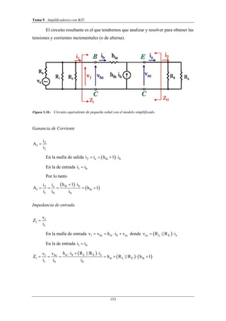 Tema 5. Amplificadores con BJT.
153
El circuito resultante es el que tendremos que analizar y resolver para obtener las
tensiones y corrientes incrementales (o de alterna).
Figura 5.30.- Circuito equivalente de pequeña señal con el modelo simplificado.
Ganancia de Corriente
2
I
1
i
A
i

En la malla de salida  2 e fe bi i h 1 i   
En la de entrada 1 bi i
Por lo tanto
 
 fe be2
I fe
1 b b
h 1 iii
A h 1
i i i
 
    
Impedancia de entrada
1
i
1
v
Z
i

En la malla de entrada 1 bc ie b ecv v h i v    donde  ec L E ev R R i ||
En la de entrada 1 bi i
 
   ie b L E ebc1
i ie L E fe
1 b b
h i R R ivv
Z h R R h 1
i i i
  
      
||
||
 