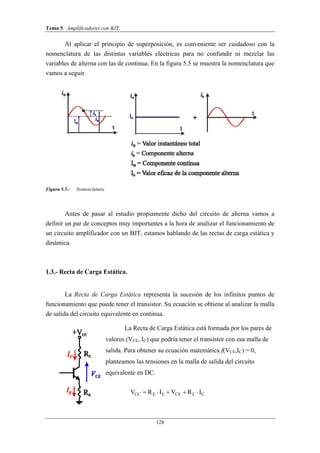 Tema 5. Amplificadores con BJT.
128
Al aplicar el principio de superposición, es conveniente ser cuidadoso con la
nomenclatura de las distintas variables eléctricas para no confundir ni mezclar las
variables de alterna con las de continua. En la figura 5.5 se muestra la nomenclatura que
vamos a seguir
Figura 5.5.- Nomenclatura.
Antes de pasar al estudio propiamente dicho del circuito de alterna vamos a
definir un par de conceptos muy importantes a la hora de analizar el funcionamiento de
un circuito amplificador con un BJT, estamos hablando de las rectas de carga estática y
dinámica.
1.3.- Recta de Carga Estática.
La Recta de Carga Estática representa la sucesión de los infinitos puntos de
funcionamiento que puede tener el transistor. Su ecuación se obtiene al analizar la malla
de salida del circuito equivalente en continua.
La Recta de Carga Estática está formada por los pares de
valores (VCE, IC) que podría tener el transistor con esa malla de
salida. Para obtener su ecuación matemática f(VCE,IC) = 0,
planteamos las tensiones en la malla de salida del circuito
equivalente en DC.
CC E E CE C CV R I V R I    
 