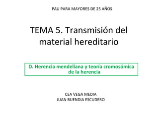 TEMA 5. Transmisión del material hereditario D. Herencia mendeliana y teoría cromosómica de la herencia PAU PARA MAYORES DE 25 AÑOS CEA VEGA MEDIA JUAN BUENDIA ESCUDERO 