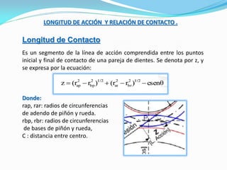 LONGITUD DE ACCIÓN Y RELACIÓN DE CONTACTO .
Longitud de Contacto
Es un segmento de la línea de acción comprendida entre los puntos
inicial y final de contacto de una pareja de dientes. Se denota por z, y
se expresa por la ecuación:
Donde:
rap, rar: radios de circunferencias
de adendo de piñón y rueda.
rbp, rbr: radios de circunferencias
de bases de piñón y rueda,
C : distancia entre centro.
 