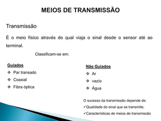 Transmissão
É o meio físico através do qual viaja o sinal desde o sensor até ao
terminal.
Classificam-se em:
Guiados
 Par transado
 Coaxial
 Fibra óptica
Não Guiados
 Ar
 vazío
 Água
O sucesso da transmissão depende de:
Qualidade do sinal que se transmite;
Características de meios de transmissão
 