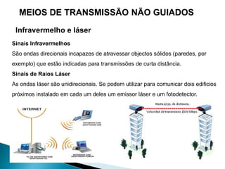 MEIOS DE TRANSMISSÃO NÃO GUIADOS
Infravermelho e láser
Sinais Infravermelhos
São ondas direcionais incapazes de atravessar objectos sólidos (paredes, por
exemplo) que estão indicadas para transmissões de curta distância.
Sinais de Raios Láser
As ondas láser são unidirecionais. Se podem utilizar para comunicar dois edificios
próximos instalado em cada um deles um emissor láser e um fotodetector.
 