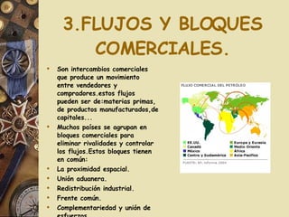 3.FLUJOS Y BLOQUES COMERCIALES. Son intercambios comerciales que produce un movimiento entre vendedores y  compradores.estos flujos pueden ser de:materias primas, de productos manufacturados,de capitales... Muchos países se agrupan en bloques comerciales para eliminar rivalidades y controlar los flujos.Estos bloques tienen en común: La proximidad espacial. Unión aduanera. Redistribución industrial. Frente común. Complementariedad y unión de esfuerzos. 