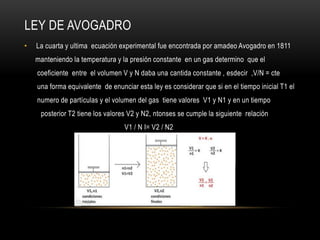 LEY DE AVOGADRO
• La cuarta y ultima ecuación experimental fue encontrada por amadeo Avogadro en 1811
manteniendo la temperatura y la presión constante en un gas determino que el
coeficiente entre el volumen V y N daba una cantida constante , esdecir ,V/N = cte
una forma equivalente de enunciar esta ley es considerar que si en el tiempo inicial T1 el
numero de partículas y el volumen del gas tiene valores V1 y N1 y en un tiempo
posterior T2 tiene los valores V2 y N2, ntonses se cumple la siguiente relación
V1 / N I= V2 / N2
 