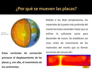 Debido a las altas temperaturas, los
materiales de la parte más profunda del
manto terrestre ascienden hasta que se
enfrían lo suficiente como para
descender de nuevo. Se establecen así
unos ciclos de movimiento de los
materiales del manto que se llaman
corrientes de convección.
Estas corrientes de convección
provocan el desplazamiento de las
placas y, con ello, el movimiento de
los continentes.
 