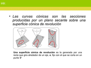 intr. Las curvas cónicas son las secciones producidas por un plano secante sobre una superficie cónica de revolución Una superficie cónica de revolución  es la generada por una recta que gira alrededor de un eje,  e , fijo con el que se corta en un punto  V   
