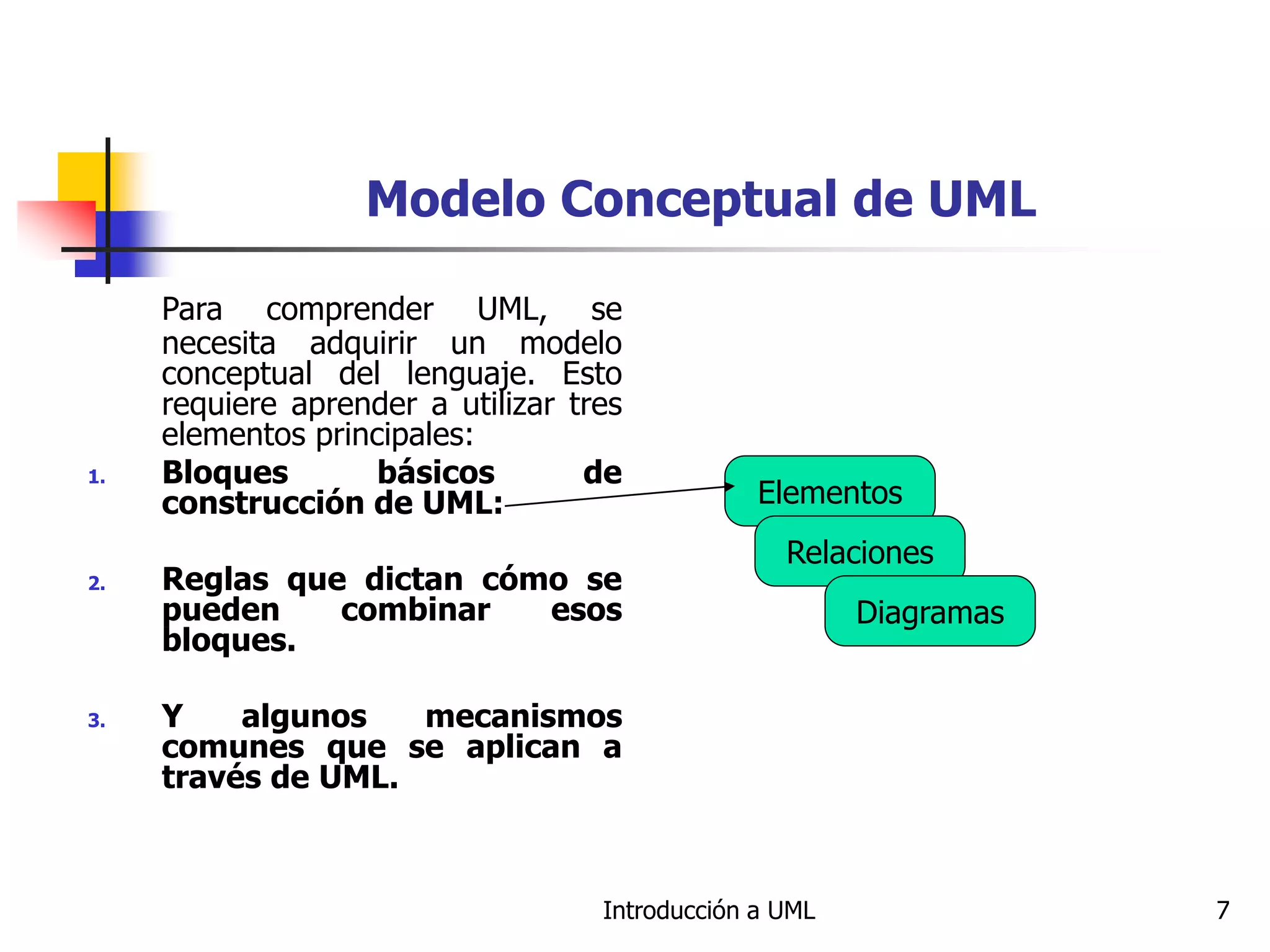 Introducción a UML 7
Modelo Conceptual de UML
Para comprender UML, se
necesita adquirir un modelo
conceptual del lenguaje. Esto
requiere aprender a utilizar tres
elementos principales:
1. Bloques básicos de
construcción de UML:
2. Reglas que dictan cómo se
pueden combinar esos
bloques.
3. Y algunos mecanismos
comunes que se aplican a
través de UML.
Elementos
Relaciones
Diagramas
 
