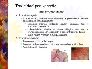 Toxicidad por vanadio:
HALLAZGOS CLÍNICOS
 Exposición aguda:
 Exposición a concentraciones elevadas de polvos o vapores ...