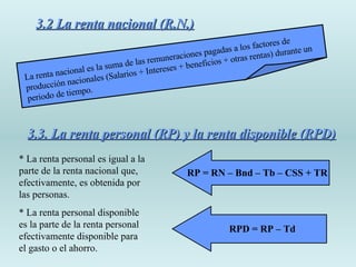 3.2 La renta nacional (R.N.) La renta nacional es la suma de las remuneraciones pagadas a los factores de producción nacionales (Salarios + Intereses + beneficios + otras rentas) durante un periodo de tiempo. 3.3. La renta personal (RP) y la renta disponible (RPD) * La renta personal es igual a la parte de la renta nacional que, efectivamente, es obtenida por las personas. * La renta personal disponible es la parte de la renta personal efectivamente disponible para el gasto o el ahorro. RP = RN – Bnd – Tb – CSS + TR RPD = RP – Td 