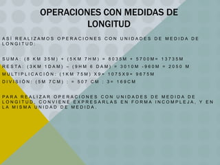 OPERACIONES CON MEDIDAS DE
LONGITUD
ASÍ REALIZAMOS OPERACIONES CON UNIDADES DE MEDIDA DE
LONGITUD:

SUMA: (8 KM 35M) + (5KM 7HM) = 8035M + 5700M= 13735M
R E S TA : ( 3 K M 1 D A M ) – ( 9 H M 6 D A M ) = 3 0 1 0 M - 9 6 0 M = 2 0 5 0 M
M U LT I P L I C A C I Ó N : ( 1 K M 7 5 M ) X 9 = 1 0 7 5 X 9 = 9 6 7 5 M
DIVISIÓN: (5M 7CM) : = 507 CM : 3= 169CM

PA R A R E A L I Z A R O P E R A C I O N E S C O N U N I D A D E S D E M E D I D A D E
LONGITUD, CONVIENE EXPRESARLAS EN FORMA INCOMPLEJA, Y EN
LA MISMA UNIDAD DE MEDIDA.

 