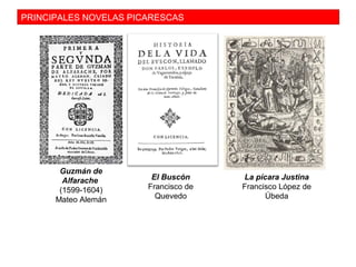 PRINCIPALES NOVELAS PICARESCAS
Guzmán de
Alfarache
(1599-1604)
Mateo Alemán
El Buscón
Francisco de
Quevedo
La pícara Justina
Francisco López de
Úbeda
 