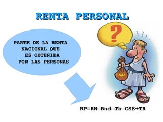 RENTA PERSONAL RP=RN–Bnd–Tb–CSS+TR PARTE DE LA RENTA  NACIONAL QUE  ES OBTENIDA POR LAS PERSONAS 