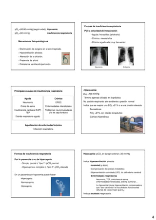 4
pO2 <80-90 mmHg (según edad): hipoxemia
pO2 <60 mmHg: insuficiencia respiratoria
Mecanismos fisiopatológicos
- Disminución de oxígeno en el aire inspirado.
- Hipoventilación alveolar.
- Alteración de la difusión.
- Presencia de shunt.
- Disbalance ventilación/perfusión.
Formas de insuficiencia respiratoria
Por la velocidad de instauración:
- Aguda: horas/días (arbitrario)
- Crónica: meses/años
- Crónica agudizada (muy frecuente)
Neumonía Enfisema
Principales causas de insuficiencia respiratoria
Aguda
Neumonía
Crisis de asma
Insuficiencia cardiaca (EAP)
TEP
Distrés respiratorio agudo
Crónica
EPOC
Enfermedades intersticiales
Problemas neuromusculares
y/o de caja torácica
Agudización de enfermedad crónica
Infección respiratoria
Hiperoxemia
pO2 >100 mmHg
Término apenas utilizado en la práctica
No posible respirando aire ambiente a presión normal
Indica que se respira una FiO2 >21% o a una presión elevada
Buceadores
FiO2 >21% con interés terapéutico
Cámara hiperbárica
Formas de insuficiencia respiratoria
Por la presencia o no de hipercapnia:
- Simple, parcial o “tipo 1”: pCO2 normal
- Hipercápnica, completa o “tipo 2”: pCO2 elevada
En un paciente con hipoxemia puede haber
Hipercapnia
Normocapnia
Hipocapnia
Hipocapnia: pCO2 en sangre arterial <35 mmHg
Indica hiperventilación alveolar
- Ansiedad (y dolor)
- Compensación de acidosis metabólica
- Hiperventilación controlada (UCI), tto. del edema cerebral
- Enfermedades respiratorias
Neumonía, TEP, crisis leve de asma,
enfermedades intersticiales, edema pulmonar…
La hipoxemia induce hiperventilación compensadora
que “lava carbónico” en los alvéolos funcionantes
(difunde 30 veces mejor que O2)
Induce alcalosis respiratoria
 