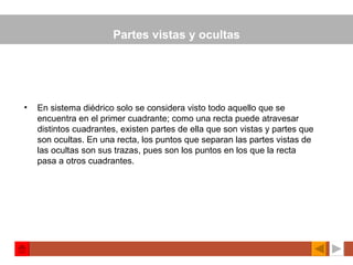 Partes vistas y ocultas En sistema diédrico solo se considera visto todo aquello que se encuentra en el primer cuadrante; como una recta puede atravesar distintos cuadrantes, existen partes de ella que son vistas y partes que son ocultas. En una recta, los puntos que separan las partes vistas de las ocultas son sus trazas, pues son los puntos en los que la recta pasa a otros cuadrantes. 