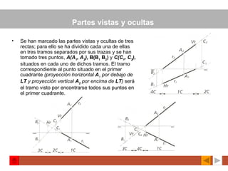 Partes vistas y ocultas   Se han marcado las partes vistas y ocultas de tres rectas; para ello se ha dividido cada una de ellas en tres tramos separados por sus trazas y se han tomado tres puntos,  A(A 1 , A 2 ),  B(B 1  B 2 )  y  C(C 1 , C 2 ),   situados en cada uno de dichos tramos. El tramo correspondiente al punto situado en el primer cuadrante  (proyección horizontal  A 1  por debajo de  LT  y proyección vertical  A 2  por encima de  LT )  será el tramo visto por encontrarse todos sus puntos en el primer cuadrante.   