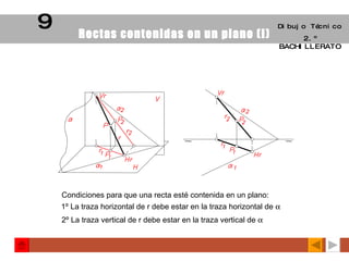Rectas contenidas en un plano (I) Dibujo Técnico 2.º BACHILLERATO 9 Condiciones para que una recta esté contenida en un plano: 1º La traza horizontal de r debe estar en la traza horizontal de   2º La traza vertical de r debe estar en la traza vertical de   