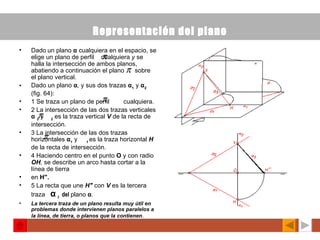 Representación del plano Dado   un plano  α   cualquiera en el espacio, se elige un plano de perfil  cualquiera  y  se halla la intersección de ambos planos, abatiendo a continuación el plano  sobre el plano vertical. Dado un plano  α ,  y sus dos trazas  α 1   y  α 2   (fig. 64): 1 Se traza un plano de perfil  cualquiera. 2 La intersección de las dos trazas verticales  α   2  y  2   es la traza vertical  V   de la recta de intersección. 3 La intersección de las dos trazas horizontales  α 1   y  1  es la traza horizontal  H   de la recta de intersección. 4 Haciendo centro en el punto  O  y con radio  OH ,  se describe un arco hasta cortar a la línea de tierra en  H". 5 La recta que une  H"   con  V   es la tercera traza  α   3   del   plano  α . La tercera traza de un plano resulta muy útil en problemas donde intervienen planos paralelos a la línea, de tierra, o planos que la contienen .   