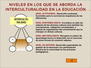NIVEL ACTITUDINAL: Desarrolla conductas
favorables para la convivencia respetuosa de las
diferencias
NIVEL EPISTEMOLÓGICO: Considera no sólo los
saberes de las diversas culturas sino también las
concepciones, categorías conceptuales, y
lógicas de organización del conocimiento que se
manejan en dichas culturas.
NIVEL METODOLÓGICO: Recupera la cultura de
aprendizaje local y la desarrolla con el concurso
de otras formas de construir saberes.
NIVEL DE GESTIÓN: Desarrolla capacidades de
gestión de la educación con participación
efectiva de la comunidad en los procesos
pedagógicos.
NIVELES EN LOS QUE SE ABORDA LA
INTERCULTURALIDAD EN LA EDUCACIÓN
A
INTERCULTU-
RALIDAD
G
EA
M
 