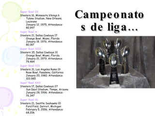 Campeonatos de liga… Super Bowl XL   Steelers 21, Seattle Seahawks 10 Ford Field, Detroit, Michigan February 5, 2006; Attendance: 68,206                            Super Bowl XXX   Steelers 17, Dallas Cowboys 27 Sun Devil Stadium, Tempe, Arizona January 28, 1996; Attendance: 76,347                            Super Bowl XIV   Steelers 31, Los Angeles Rams 19 Rose Bowl, Pasadena, California January 20, 1980; Attendance: 103,985                            Super Bowl XIII   Steelers 35, Dallas Cowboys 31 Orange Bowl, Miami, Florida January 21, 1979; Attendance: 79,484                            Super Bowl X   Steelers 21, Dallas Cowboys 17 Orange Bowl, Miami, Florida January 18, 1976; Attendance: 80,187                            Super Bowl IX   Steelers 16, Minnesota Vikings 6 Tulane Stadium, New Orleans, Louisiana January 12, 1975; Attendance: 80,997  