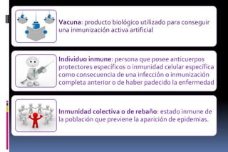 Vacuna: producto biológico utilizado para conseguir
una inmunización activa artificial
Individuo inmune: persona que posee anticuerpos
protectores específicos o inmunidad celular específica
como consecuencia de una infección o inmunización
completa anterior o de haber padecido la enfermedad
Inmunidad colectiva o de rebaño: estado inmune de
la población que previene la aparición de epidemias.
 