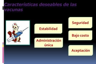 Características deseables de las
vacunas
Seguridad
Estabilidad
Bajo costo
Administración
única
Aceptación
 