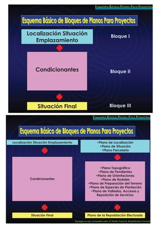 Localización Situación
Emplazamiento
Condicionantes
Bloque I
Bloque II
Bloque IIISituación Final
Localización Situación Emplazamiento
Condicionantes
Situación Final
•Plano de Localización
•Plano de Situación
•Plano Parcelario
•Plano Topográfico
•Plano de Pendientes
•Plano de Orientaciones
•Plano de Rodales
•Plano de Preparación del Terreno
•Plano de Especies de Plantación
•Plano de Vallados, Accesos y
Reposición de Servicios
Plano de la Repoblación Efectuada
Ejemplo en una Actuación sobre el Medio Natural: Repoblación Forestal
 