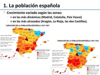  Crecimiento variado según las zonas:
 > en las más dinámicas (Madrid, Cataluña, País Vasco)
 < en las más atrasadas (Aragón, La Rioja, las dos Castillas).
1. La población española
 