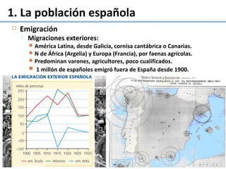 1. La población española
 Emigración
 Migraciones exteriores:
 América Latina, desde Galicia, cornisa cantábrica o Canarias.
 N de África (Argelia) y Europa (Francia), por faenas agrícolas.
 Predominan varones, agricultores, poco cualificados.
 1 millón de españoles emigró fuera de España desde 1900.
 