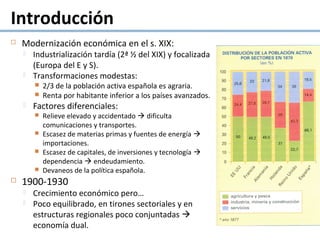 Introducción
 Modernización económica en el s. XIX:
 Industrialización tardía (2ª ½ del XIX) y focalizada
(Europa del E y S).
 Transformaciones modestas:
 2/3 de la población activa española es agraria.
 Renta por habitante inferior a los países avanzados.
 Factores diferenciales:
 Relieve elevado y accidentado  dificulta
comunicaciones y transportes.
 Escasez de materias primas y fuentes de energía 
importaciones.
 Escasez de capitales, de inversiones y tecnología 
dependencia  endeudamiento.
 Devaneos de la política española.
 1900-1930
 Crecimiento económico pero…
 Poco equilibrado, en tirones sectoriales y en
estructuras regionales poco conjuntadas 
economía dual.
 