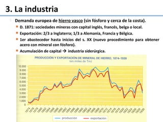 3. La industria
 Demanda europea de hierro vasco (sin fósforo y cerca de la costa).
 D. 1871: sociedades mineras con capital inglés, francés, belga o local.
 Exportación: 2/3 a Inglaterra; 1/3 a Alemania, Francia y Bélgica.
 1er abastecedor hasta inicios del s. XX (nuevo procedimiento para obtener
acero con mineral con fósforo).
 Acumulación de capital  industria siderúrgica.
 