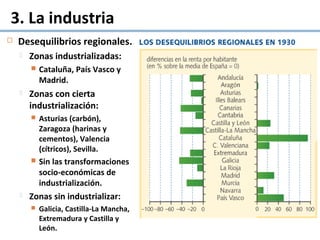 3. La industria
 Desequilibrios regionales.
 Zonas industrializadas:
 Cataluña, País Vasco y
Madrid.
 Zonas con cierta
industrialización:
 Asturias (carbón),
Zaragoza (harinas y
cementos), Valencia
(cítricos), Sevilla.
 Sin las transformaciones
socio-económicas de
industrialización.
 Zonas sin industrializar:
 Galicia, Castilla-La Mancha,
Extremadura y Castilla y
León.
 