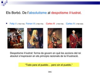 Els Borbó. De l’absolutisme al despotisme il·lustrat.


   Felip V (1700/1746) Ferran VI (1746/1759)   Carles III   (1759/1788)   Carles IV (1788/1808)




    Despotisme il·lustrat: forma de govern en què les accions del rei
    absolut s’inspiraven en els principis racionals de la Il·lustració.


                      “Todo para el pueblo… pero sin el pueblo.”

                                                  DBC
 