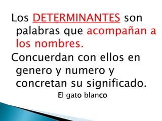 Los DETERMINANTES son
palabras que acompañan a
los nombres.
Concuerdan con ellos en
genero y numero y
concretan su significado.
El gato blanco
 