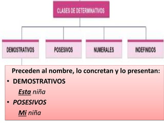 Preceden al nombre, lo concretan y lo presentan:
• DEMOSTRATIVOS
Esta niña
• POSESIVOS
Mi niña
 