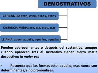 DEMOSTRATIVOS
CERCANÍA: este, esta, estos, estas
DISTANCIA MEDIA: ese, esa, esos, esas
LEJANÍA: aquel, aquella, aquellos, aquellas
Pueden aparecer antes o después del sustantivo, aunque
cuando aparecen tras el sustantivo tienen cierto matiz
despectivo: la mujer esa
· Recuerda que las formas esto, aquello, eso, nunca son
determinantes, sino pronombres.
 