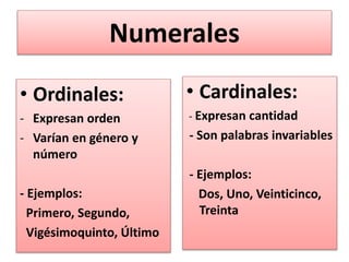 Numerales
• Ordinales:
- Expresan orden
- Varían en género y
número
- Ejemplos:
Primero, Segundo,
Vigésimoquinto, Último
• Cardinales:
- Expresan cantidad
- Son palabras invariables
- Ejemplos:
Dos, Uno, Veinticinco,
Treinta
 