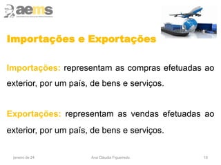 19
Importações e Exportações
Importações: representam as compras efetuadas ao
exterior, por um país, de bens e serviços.
Exportações: representam as vendas efetuadas ao
exterior, por um país, de bens e serviços.
janeiro de 24 Ana Cláudia Figueiredo
 
