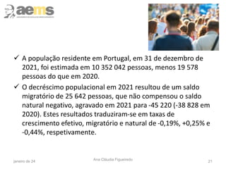 janeiro de 24 Ana Cláudia Figueiredo 21
 A população residente em Portugal, em 31 de dezembro de
2021, foi estimada em 10 352 042 pessoas, menos 19 578
pessoas do que em 2020.
 O decréscimo populacional em 2021 resultou de um saldo
migratório de 25 642 pessoas, que não compensou o saldo
natural negativo, agravado em 2021 para -45 220 (-38 828 em
2020). Estes resultados traduziram-se em taxas de
crescimento efetivo, migratório e natural de -0,19%, +0,25% e
-0,44%, respetivamente.
 