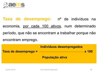 26
Taxa de desemprego: nº de indivíduos na
economia, por cada 100 ativos, num determinado
período, que não se encontram a trabalhar porque não
encontram emprego.
Indivíduos desempregados
Taxa de desemprego = x 100
População ativa
janeiro de 24 Ana Cláudia Figueiredo
 