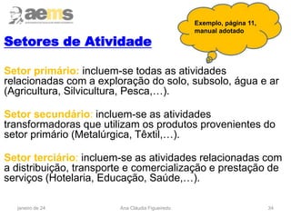 34
Setor primário: incluem-se todas as atividades
relacionadas com a exploração do solo, subsolo, água e ar
(Agricultura, Silvicultura, Pesca,…).
Setor secundário: incluem-se as atividades
transformadoras que utilizam os produtos provenientes do
setor primário (Metalúrgica, Têxtil,…).
Setor terciário: incluem-se as atividades relacionadas com
a distribuição, transporte e comercialização e prestação de
serviços (Hotelaria, Educação, Saúde,…).
janeiro de 24 Ana Cláudia Figueiredo
Exemplo, página 11,
manual adotado
Setores de Atividade
 