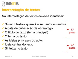 Interpretação de textos
Na interpretação de textos deve-se identificar:
 Situar o texto – quem é o seu autor ou autora
 A data de publicação da obra/artigo
 O título do texto (tema principal)
 O tema do texto
 As ideias principais do autor
 Ideia central do texto
 Sintetizar o texto
36
1.º
passo
2.º
passo
janeiro de 24 Ana Cláudia Figueiredo
 