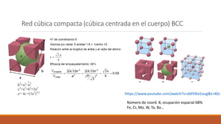 Red cúbica compacta (cúbica centrada en el cuerpo) BCC
https://www.youtube.com/watch?v=ddlYJ6x5oug&t=40s
Número de coord. 8, ocupación espacial 68%
Fe, Cr, Mo, W, Ta, Ba…
 