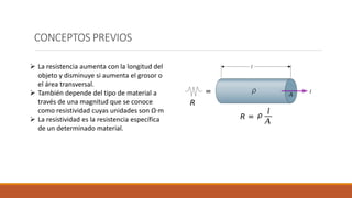 CONCEPTOS PREVIOS
➢ La resistencia aumenta con la longitud del
objeto y disminuye si aumenta el grosor o
el área transversal.
➢ También depende del tipo de material a
través de una magnitud que se conoce
como resistividad cuyas unidades son Ω·m
➢ La resistividad es la resistencia específica
de un determinado material.
 