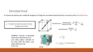 Densidad lineal
El número de átomos por unidad de longitud a lo largo de una determinada dirección se conoce como densidad lineal:
EJEMPLO: Calcular la densidad
lineal de la dirección 011 en
una celda cúbica centrada en
las caras (FCC) de cobre, cuyo
radio atómico es de
0.127 nm.
 