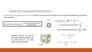 Factor de empaquetamiento planar
La fracción de empaquetamiento planar se define como el área de los átomos en una superficie dividido por el área de
esta superficie
EJEMPLO: Calcular la fracción
de empaquetamiento planar de
un plano 100 en una celda
cúbica simple de Polonio.
 