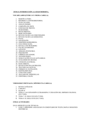 TEMA 0. INTRODUCCIÓN. LA EDAD MODERNA.

VOCABULARIO (ENTRE 1/4 Y MEDIA CARILLA)

   1.    MARTÍN LUTERO.
   2.    REFORMA Y CONTRARREFORMA.
   3.    JUAN CALVINO.
   4.    ANGLICANISMO.
   5.    COMPAÑÍA DE JESÚS
   6.    CONCILIO DE TRENTO.
   7.    HUMANISMO.
   8.    RENACIMIENTO.
   9.    MERCANTILISMO.
   10.   REVUELTAS DE LAS COMUNIDADES
   11.   REVUELTAS DE LAS GERMANÍAS.
   12.   PAVÍA.
   13.   SAN QUINTÍN.
   14.   JEIREDDIN BARBARROJA.
   15.   LIGA ESMACALDA.
   16.   BATALLA DE MUHLBERG
   17.   PAZ DE AUGSBURGO
   18.   LEPANTO
   19.   ARMADA INVENCIBLE.
   20.   INQUISICIÓN
   21.   LIMPIEZA DE SANGRE.
   22.   ANTONIO PEREZ.
   23.   SUBLEVACIÓN D ELAS ALPUJARRAS.
   24.   GUILLERMO DE ORANGE
   25.   CONSEJOS (AUSTRIAS).
   26.   BANCARROTA.
   27.   REVOLUCION DE LOS PRECIOS.
   28.   TRATADO ALCAÇOVAS.
   29.   ENRIQUE EL NAVEGANTE.
   30.   BARTOLOMÉ DÍAZ.
   31.   VASCO DE GAMA.
   32.   TRATADO DE TORDESILLAS.
   33.   CRISTOBAL COLON.



VIDEOS/DOCUMENTALES ( MÍNIMO UNA CARILLA)

   1.    REYES CATÓLICOS
   2.    CARLOS I
   3.    FELIPE II.
   4.    TEMA 6. LAS EXPANSIÓN ULTRAMARINA Y CREACIÓN DEL IMPERIO COLONIAL
         (EN 2º ESO).
   5.    TEMA 7. EL SIGLO XVI (EN 2º ESO).
   6.    TEMA 8. EL SIGLO XVII (EN 2º ESO).

OTRAS ACTIVIDADES

EN EL HIPERVÍCULO DE TÉCNICAS:
   1. LEER Y APRENDER A REALIZAR UN COMENTARIO DE TEXTO, MAPA E IMÁGENES
       HISTÓRICAS
 