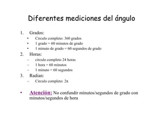 Diferentes mediciones del ángulo
1. Grados:
• Circulo completo: 360 grados
• 1 grado = 60 minutos de grado
• 1 minuto de grado = 60 segundos de grado
2. Horas:
– circulo completo 24 horas
– 1 hora = 60 minutos
– 1 minuto = 60 segundos
3. Radian:
– Circulo completo: 2π
• Atención: No confundir minutos/segundos de grado con
minutos/segundos de hora
 